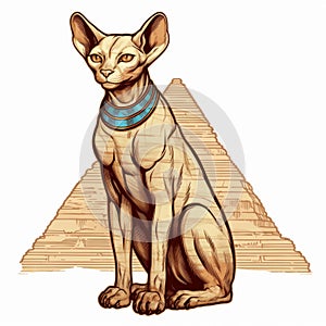 Egyptian Cat Illustration Near Pyramid: Detailed Sketching And Colorized Necronomicon Illustrations