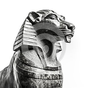 an Egyptian cat statue in black and white