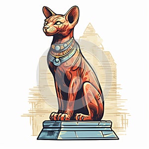 Egyptian Cat Statue With Temple: Graphic Pop-art Style Illustration
