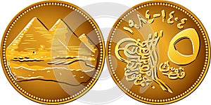 vector Egyptian money gold coin 3 pyramids of Giza