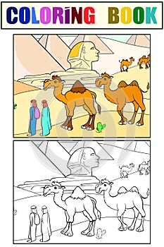 Egyptian desert, camels tourist attraction. Set of coloring book and color picture.