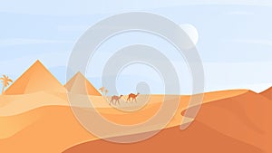 Egyptian desert nature landscape, cartoon desert scenic wild natural land, sand dunes, camel caravan