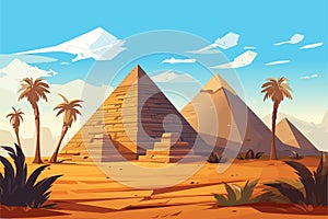 Egyptian desert with pyramids. Vector cartoon illustration of landscape with ancient pharaoh tombs