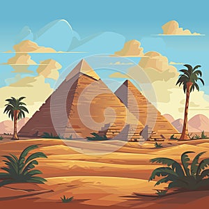 Egyptian desert with pyramids. Vector cartoon illustration of landscape with ancient pharaoh tombs