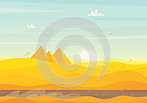Egyptian desert with pyramids. Vector cartoon illustration of landscape with yellow sand dunes, ancient tombs of Egypt