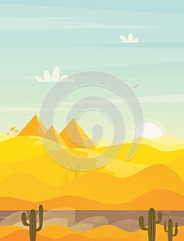 Egyptian desert with pyramids. Vector cartoon illustration of landscape with yellow sand dunes, ancient tombs of Egypt