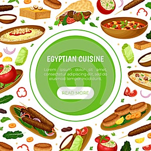 Egyptian Dish Banner Design with Traditional Cooked Food on Plate Vector Template