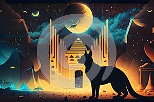 Egyptian fantasy abstract background, Egyptian goddess Bastet, black cat. Neural network generated art