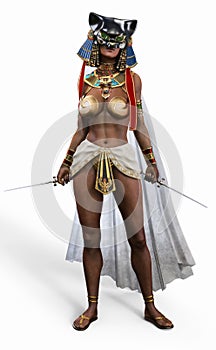 Egyptian female deadly assassin posing on a isolated white background. photo