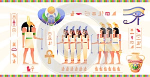 Egyptian fresco. Ancient Egypt mural with hieroglyphs and mythology scenes cartoon pharaoh Isis Anubis Osiris characters