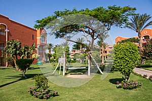 Egyptian garden with wooden swing in hotel Caribbean World Resort Soma Bay