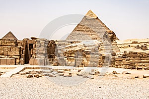 Egyptian Great Sphinx full body portrait head,with pyramids of Giza background Egypt empty with nobody. copy space