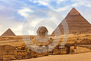 Egyptian Great Sphinx and pyramids of Giza in Cairo, Egypt