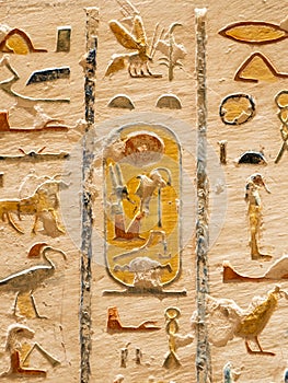 Egyptian Hieroglyphics in valley of Kings close up detail