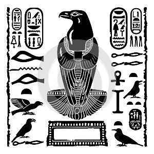 Egyptian hieroglyphs , eyes, birds border pattern. African ethnic white background with black animals, birds, eyes, ancient