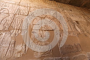 Egyptian hieroglyphs in Mortuary Temple of Seti I, Luxor, Egypt