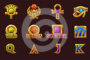 Egyptian icons for casino machines slots game with colored precious gems. Vector slots icons on separate layers.