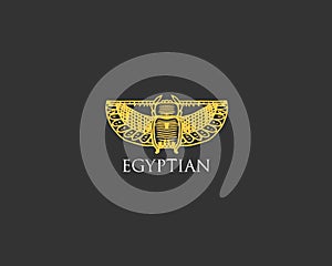 Egyptian logo with Scarab beetle symbol of ancient civilization vintage, engraved hand drawn in sketch or wood cut style