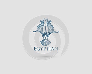 Egyptian logo with symbol Pharaon Osiris of ancient civilization vintage, engraved hand drawn in sketch or wood cut