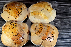 Egyptian Mahlab bread, puff thin, crispy and delicious with black seed baraka seeds on top, made of flour, dry yeast, milk, eggs,