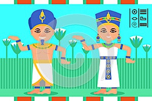 Egyptian man and woman in dancing action. Pharaoh and queen of Egypt in traditional clothes. Lotus flowers on background