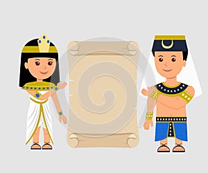 Egyptian man and a woman holding a papyrus. Isolated Egyptian papyrus and characters on a light background