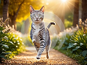 The ancient and mysterious Egyptian Mau is playing in the park under the sunlight