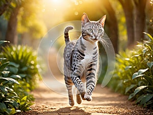 The ancient and mysterious Egyptian Mau is playing in the park under the sunlight