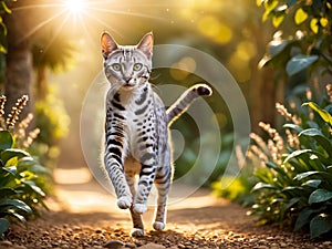 The ancient and mysterious Egyptian Mau is playing in the park under the sunlight