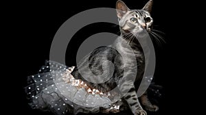 Egyptian Mau Cat In A Ballet Outfit Wearing On Black Background. Generative AI