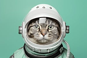 Egyptian Mau Cat Dressed As An Astronaut On Mint Color Background