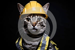 Egyptian Mau Cat Dressed As A Builder On Black Background