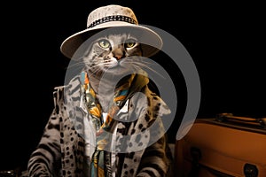 Egyptian Mau Cat Dressed As A Tourist Black Background