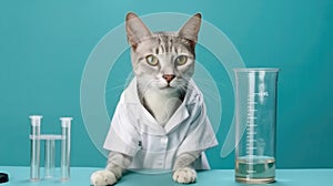 Egyptian Mau Cat In A Lab Coatholding A Test Tube On Green Background. Generative AI