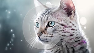 Egyptian Mau Cat Medium Shot White Pink Blue Magical Fantasy Bokeh. Generative AI