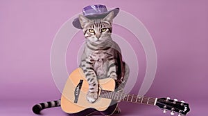Egyptian Mau Cat Wearing A Cowboy Hat And Boots With A Guitar Slung Over His Shoulder On Purple Background. Generative AI