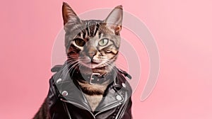 Egyptian Mau Cat Wearing A Leather Jacket And Sunglasses On Pink Background. Generative AI
