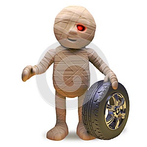 Egyptian mummy monster sells car tyres and wheels during the week, 3d illustration