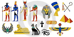 Egyptian mythology collection. Ancient Egyptian religion and archeology, hieroglyphic symbols of ancient pharaohs gods and