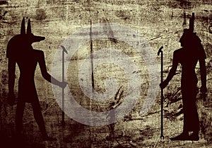 Egyptian mythology symbols on grunge wall background