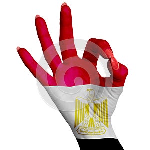 The Egyptian national flag is drawn on a female hand showing the OK sign