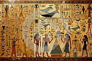 Egyptian Painting With Symbols, An Ancient Artwork Depicting Egypts Iconic Imagery, Hieroglyphics depictions on an Egyptian tomb
