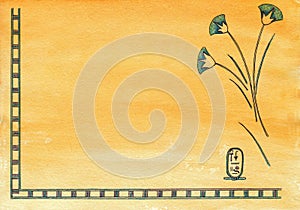 Egyptian papyrus depicting hieroglyphs, flower bouquet, watercolor drawing.