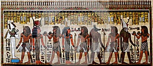 Egyptian papyrus with pharaoh and gods elements. Ancient Egypt scene and mythology. photo