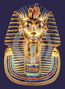 Egyptian pharaoh Tutankhamun burial mask on blue background