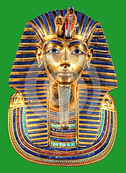 Egyptian pharaoh Tutankhamun burial mask on green background