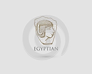 Egyptian pharaon logo with symbol of ancient civilization vintage, engraved hand drawn in sketch or wood cut style, old