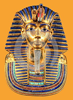 Egyptian pharoah Tutankhamun burial mask on yellow background