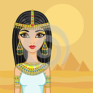 Egyptian princess in the desert with ancient pyramids.