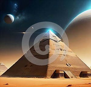 Egyptian pyramid in space among the planets